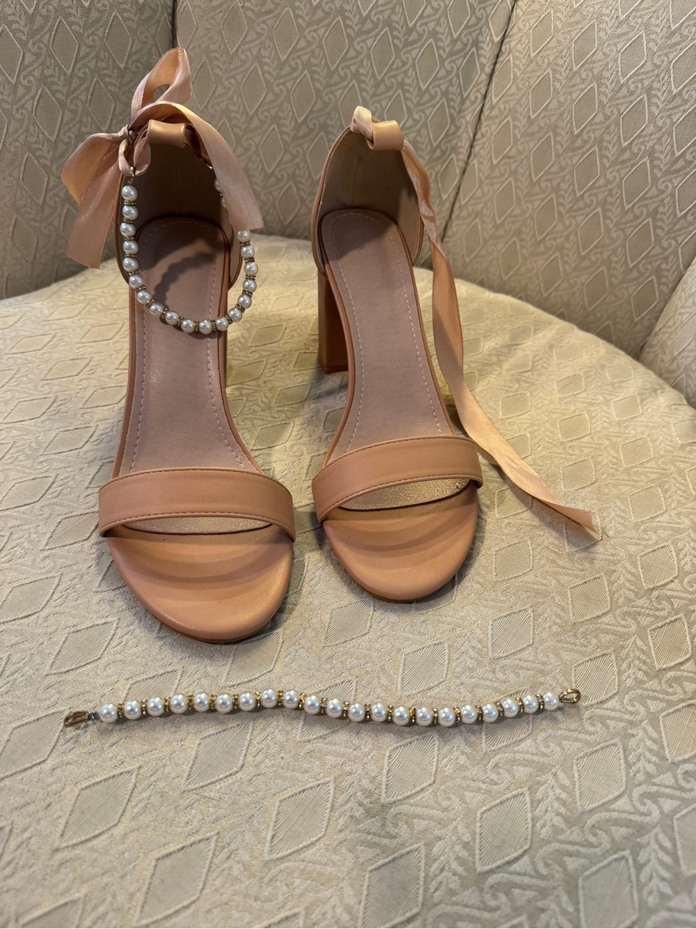 Women's Pearl-Trim Ankle Tie Sandals - Nude